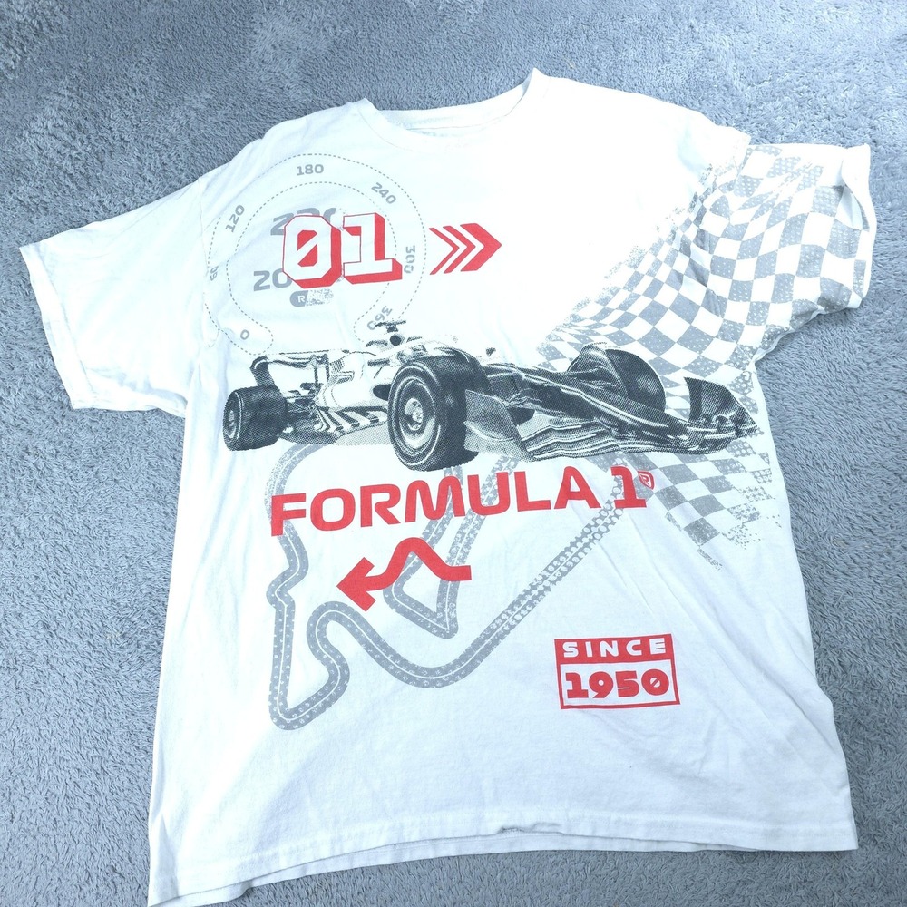 Formula 1 Shirt Mens XL White Racing Hybrid Apparel Graphic Tee Double Sided
